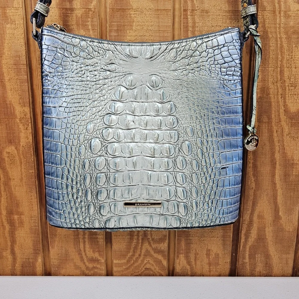 Brahmin Katie Arctic Blue Ombre Croc Melbourne Crossbody Bag Purse w/ Dustbag